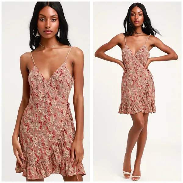 Free People All My Love Pink Multi Floral Print Wrap Slip Dress Size Large - Image 2