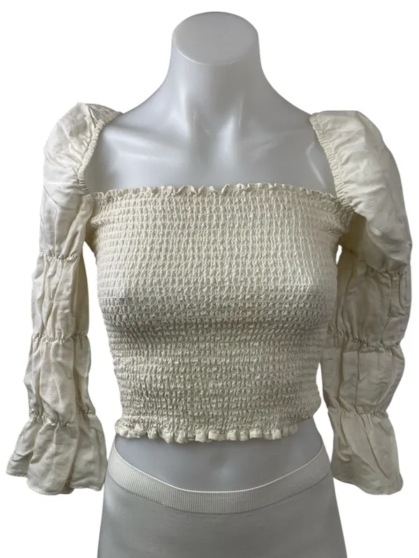 Reformation White Linen Smocked Square Neck 3/4 Puff Sleeve Crop Blouse Top XS - Image 2