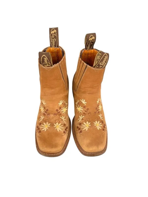 La Sierra Western Boots Floral Embroidery Size 7 Light Brown Nubuck - Image 3