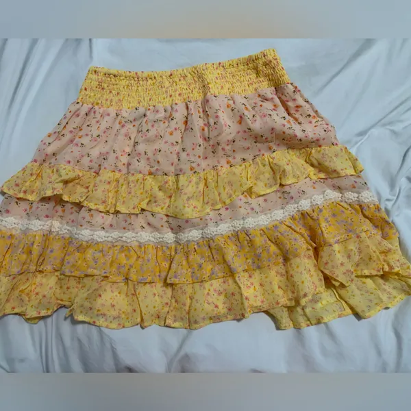 Yellow and Pink Floral Tiered Ruffle Skirt - Image 3