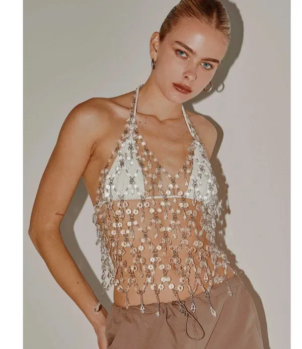 Peppermayo Crystal Embellished Crop Top - Silver and White - Image 5