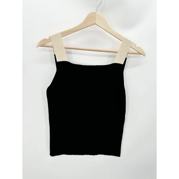 Black Cream Square Neck Knit Tank Top Sleeveless Contrast Trim Sz M Quiet Luxury - Image 3