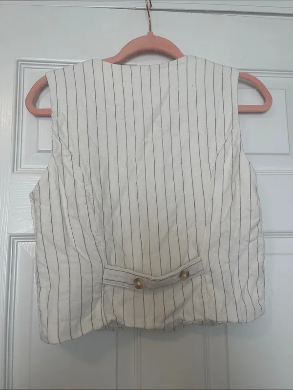 Abercrombie & Fitch Cream Linen Vertical Stripe Button-Front Vest - Image 2
