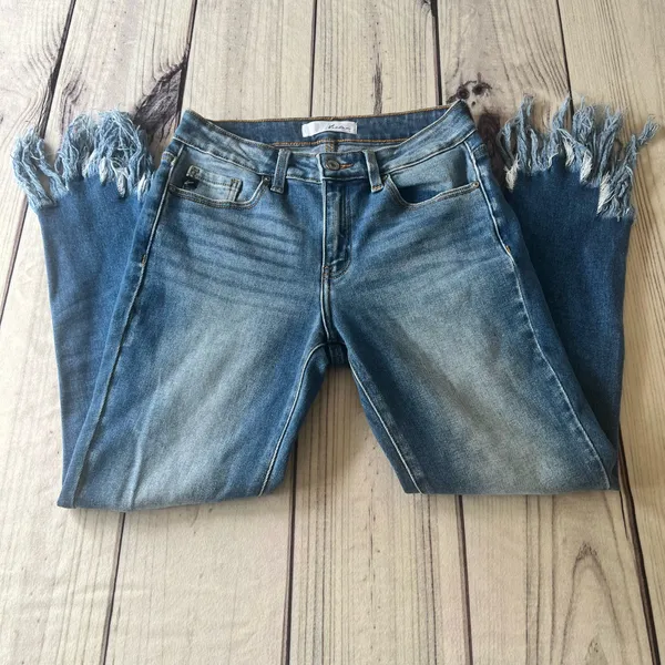 KanCan Leslie Fringe Hem Distressed Mid Rise Skinny Jeans - Image 3