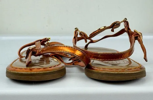 Tory Burch Ali Metallic Orange Sandals Sz 8 Strappy Logo Thong Flats - Image 14