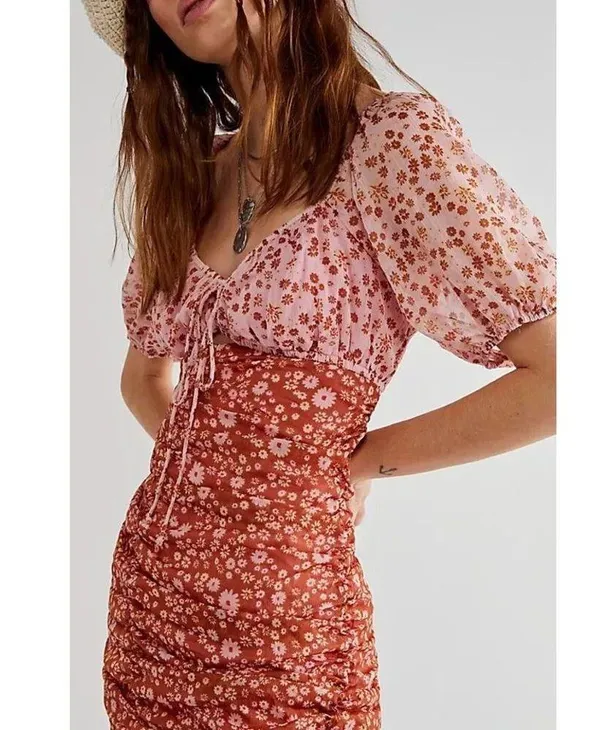 [Free People] Tessa Floral Puff Sleeve Ruched Open Back Mini Dress Size Large L - Image 11