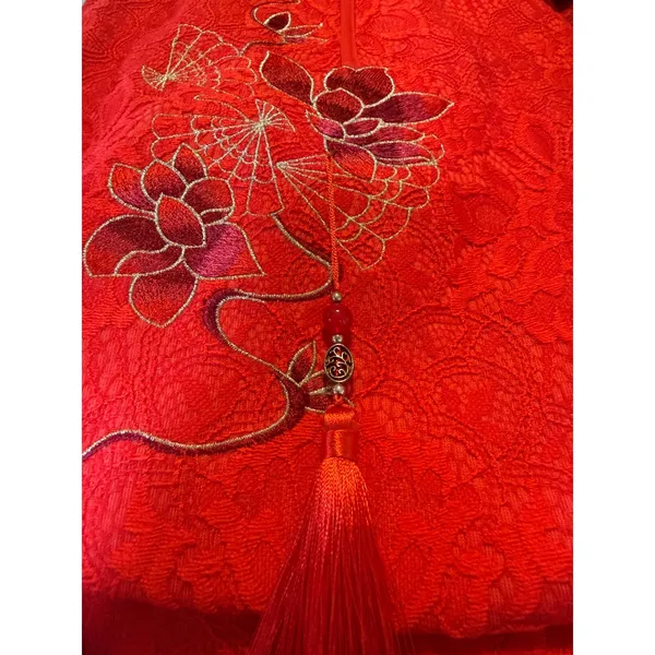 Red Floral Lace Cheongsam Qipao Dress Long Sleeve Tassel Embroidery Small whimsi - Image 6