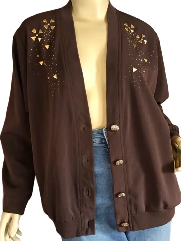 Vintage 1980'S Brown Nylon & Gold Stud Cardigan/Jacket (L) - Image 7