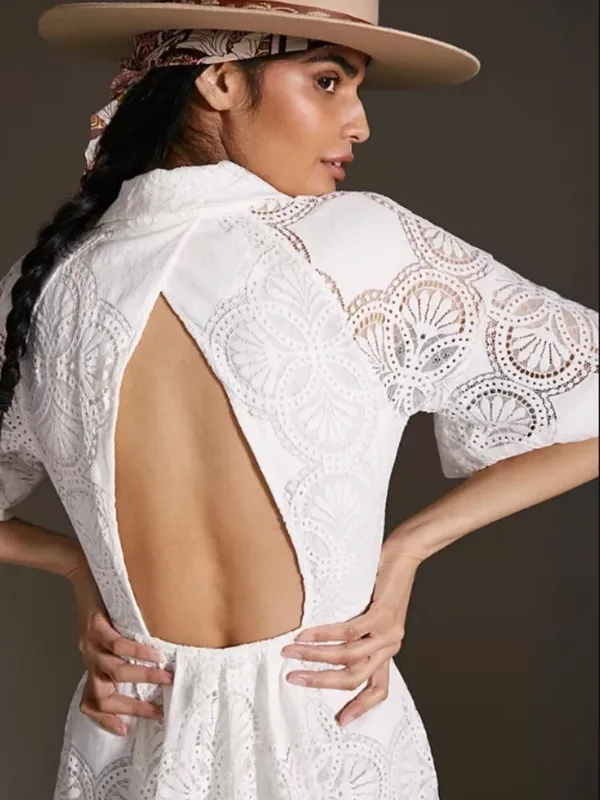 Anthropologie White Eyelet Midi Dress with Cutout Back - Image 3
