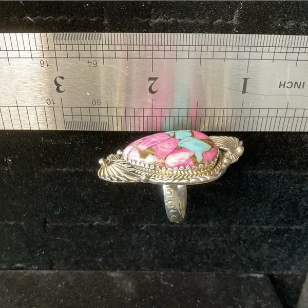 Sterling Silver 925 Adjustable ring. Cotton Candy Pink and Turquoise Stone Ring - Image 4