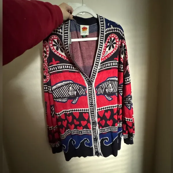 Farm Rio‎ Navy Mixed Print Knit Cardigan Sz Small Oversized Dopamine Teacher - Image 4