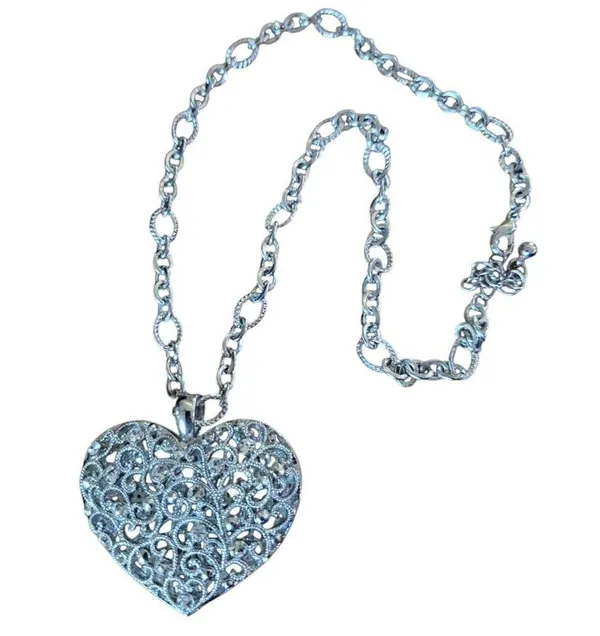 Filagree Double Sided Puffy 3D Heart Necklace w Chain Necklace Silver Tone - Image 4