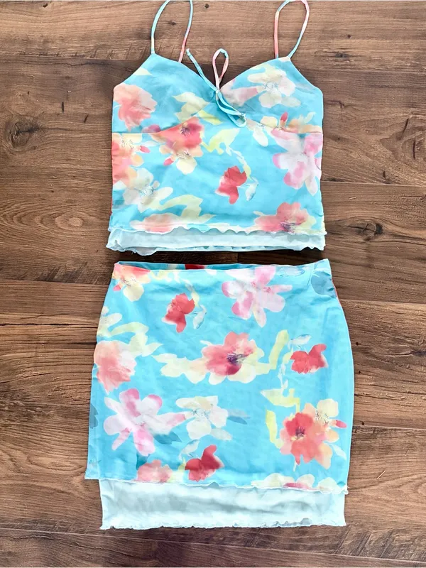 Y2K Floral Mesh 2-Piece Crop Top & Skirt Set Blue Medium - Image 4