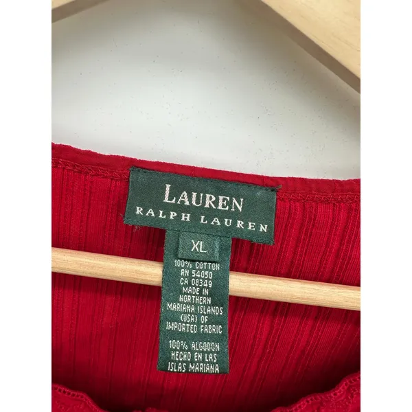Lauren Ralph Lauren Red Ribbed Cotton Henley Long Sleeve Top Womens XL‎ Western - Image 5