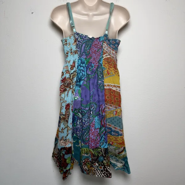 VTG Y2K No Boundaries Women 100% Cotton Babydoll Mini Dress M Patchwork Boho - Image 4