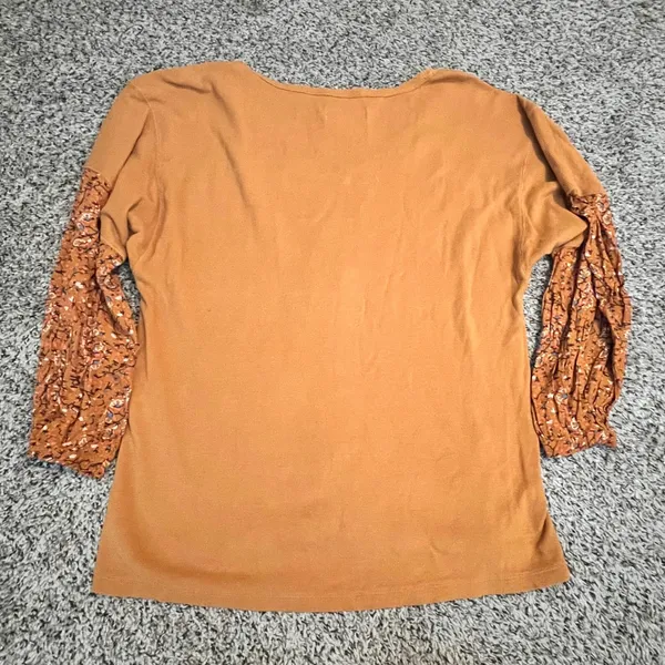 Anthropologie Mustard Orange Floral Balloon Sleeve V-Neck Thermal‎ Top Mens M - Image 4