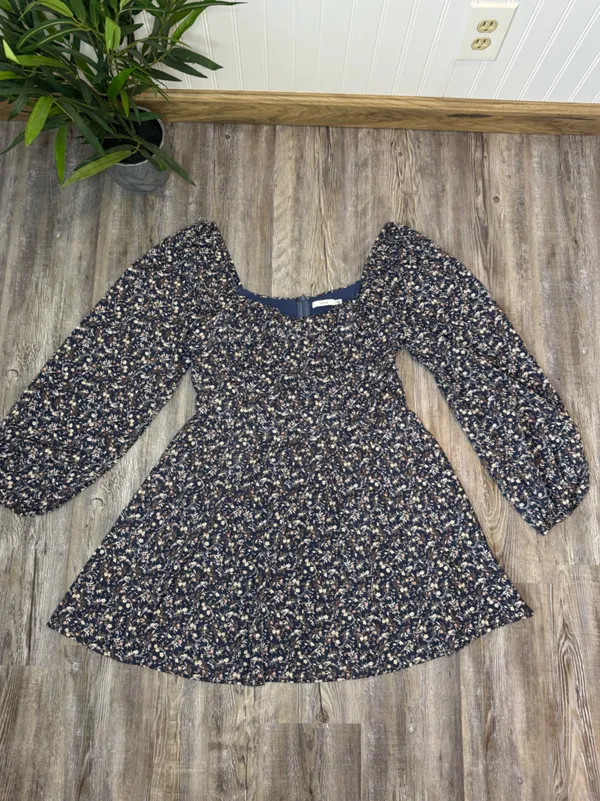 Lush Womens Navy Square Neck Floral Mini Dress Puff Sleeves Elastic Cuff XL - Image 3