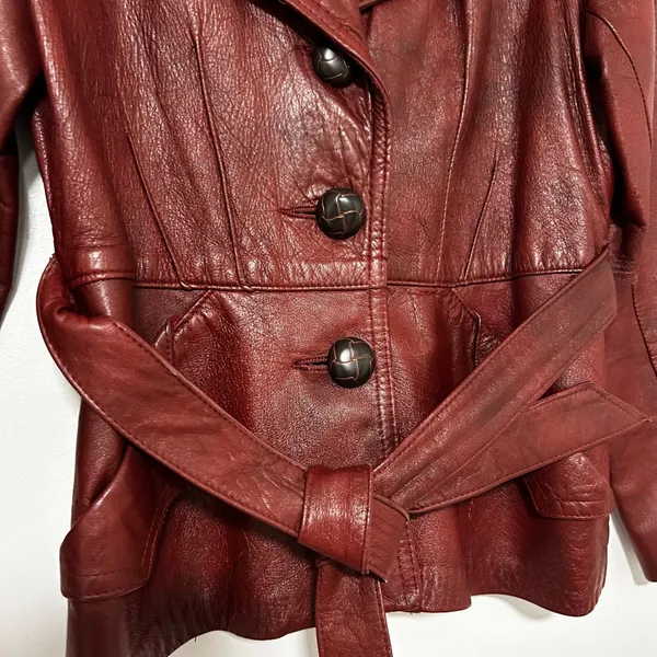 Womens Genuine Leather Belted Blazer Jacket Burgundy Size‎ Small - Image 11