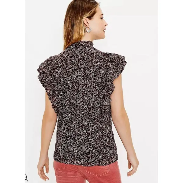 Loft Blouse Women Small Burgundy Floral Ruffle Peasant Cottagecore Prairie Ditsy - Image 11