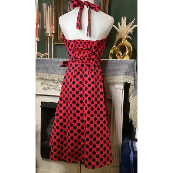 Topdress Red Black Polka Dot Halter Rockabilly Swing Dress Medium - Image 4