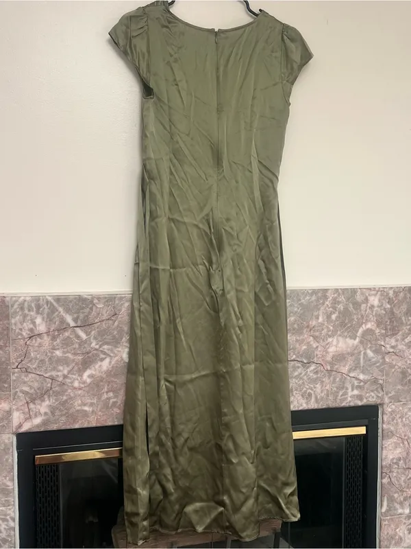 Reformation Kaye Silk-Satin Midi Dress Light Green Vneck Empire Waist - Image 4