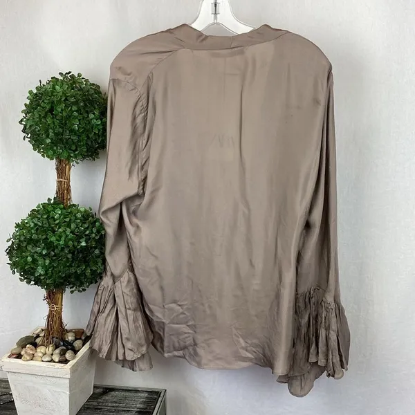 Zara Brown Taupe Long Bell Sleeve Drape Wrap Blouse Top NEW XL - Image 3