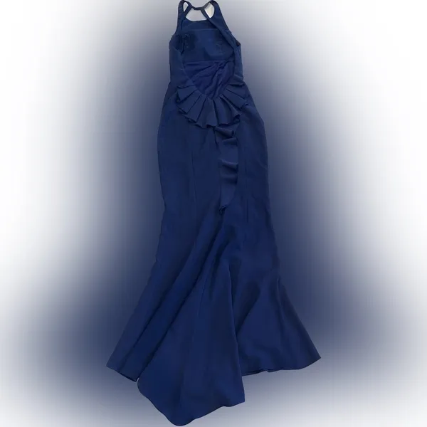 Maria Bianca Nero Ruffle Low Back Mermaid Gown IN NAVY - Image 5