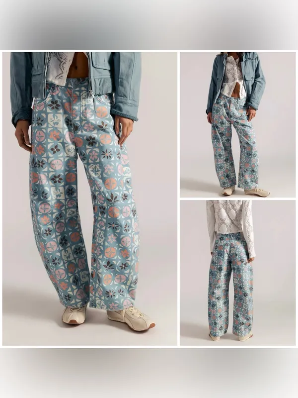 NWOT Free People We The Free Good Luck Printed Barrel Jeans - Jade Combo - 26 - Image 2