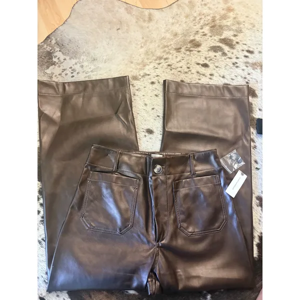 Maeve Colette NEW Brown Faux Leather High Rise Wide Leg Cropped Pants Size 29 - Image 3