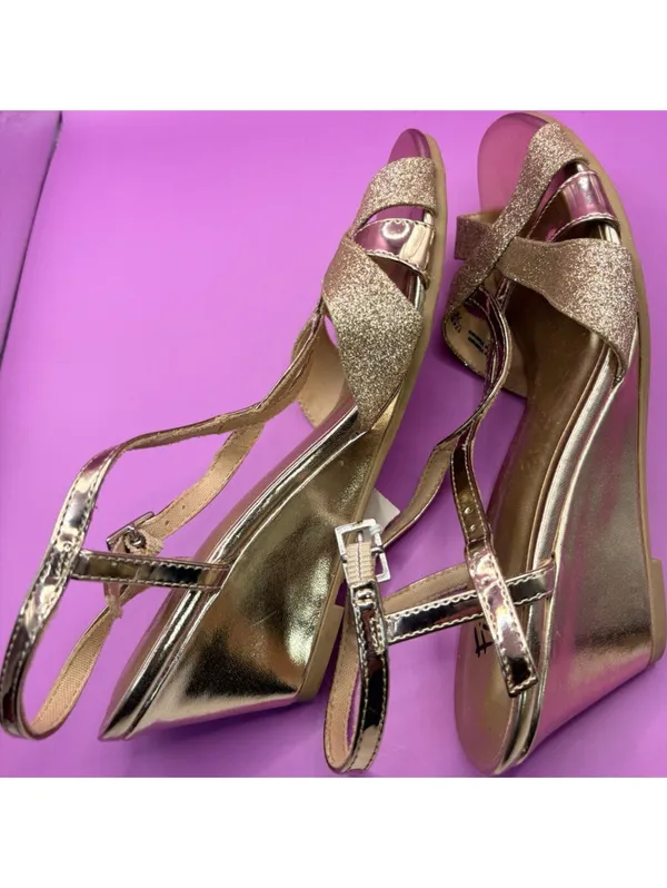 Fioni Women's Gold Glitter Strappy Sandals Buckle Wedge Adjustable Strap 6 - Image 2