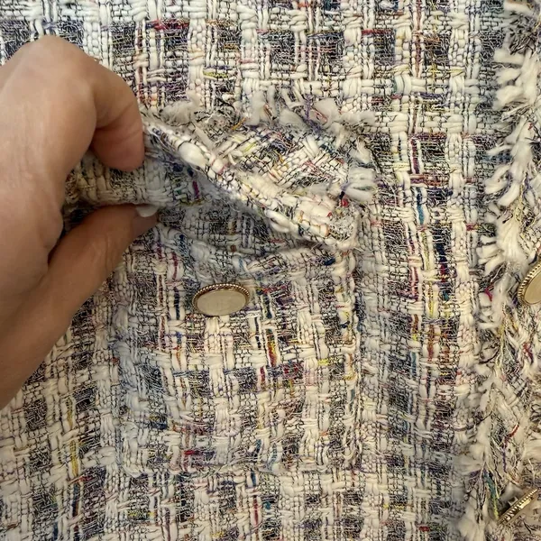 POL Tweed Dress LG White Colorful Plaid Fringe Button Detail Business Dressy‎ - Image 5