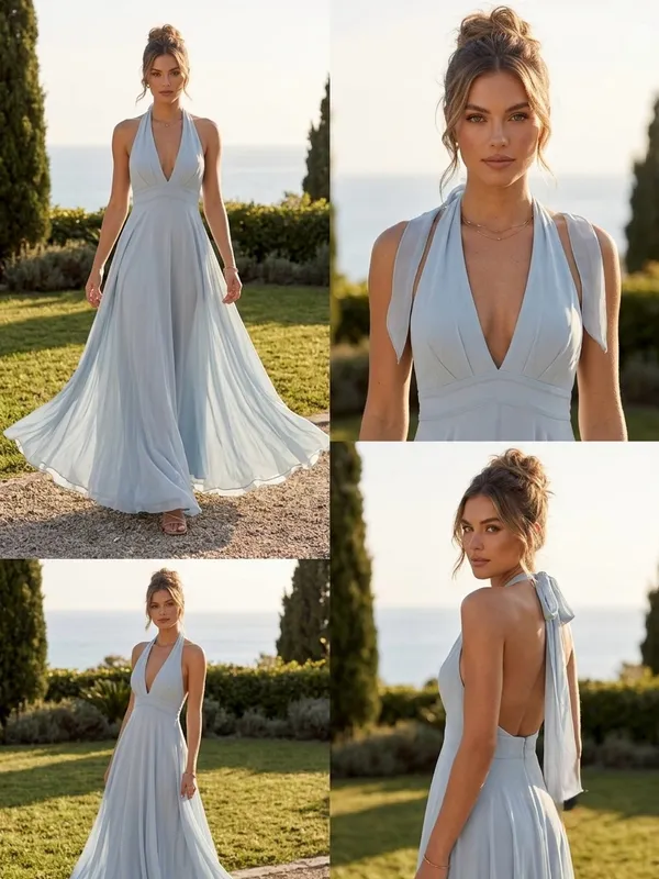 Lulus Light Blue Halter Maxi Dress Elegant Chiffon Flowy Gown Size L - Image 2