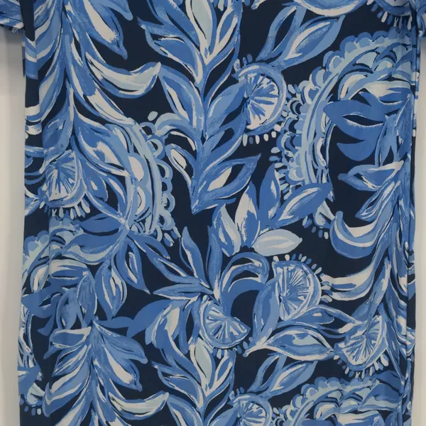 Lilly Pulitzer Blue Floral A-Line Dress XS Pink Border Ruffle Sleeve Rayon Spand - Image 10