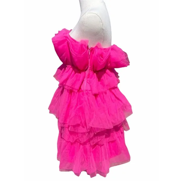 Thirty Thirty LA Strapless Mini Dress Women’s XS Hot Pink Tiered Tulle Ruffle - Image 2
