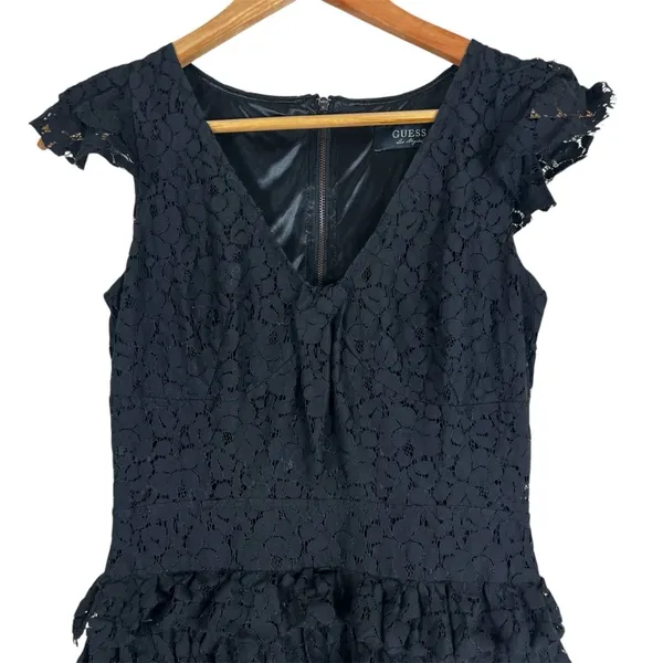 Guess Lace Tiered Ruffle Mini Dress Witchy Black V-Neck Whimsigoth Witchy Size S - Image 3