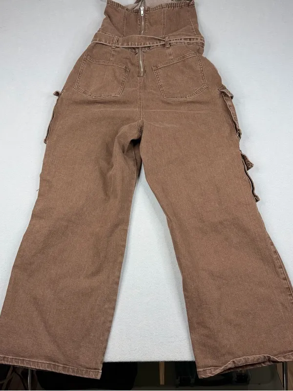 Fourteen Twelve Strapless Cargo Jumpsuit M Brown Belted Wide Leg Utility Y2K - Image 4