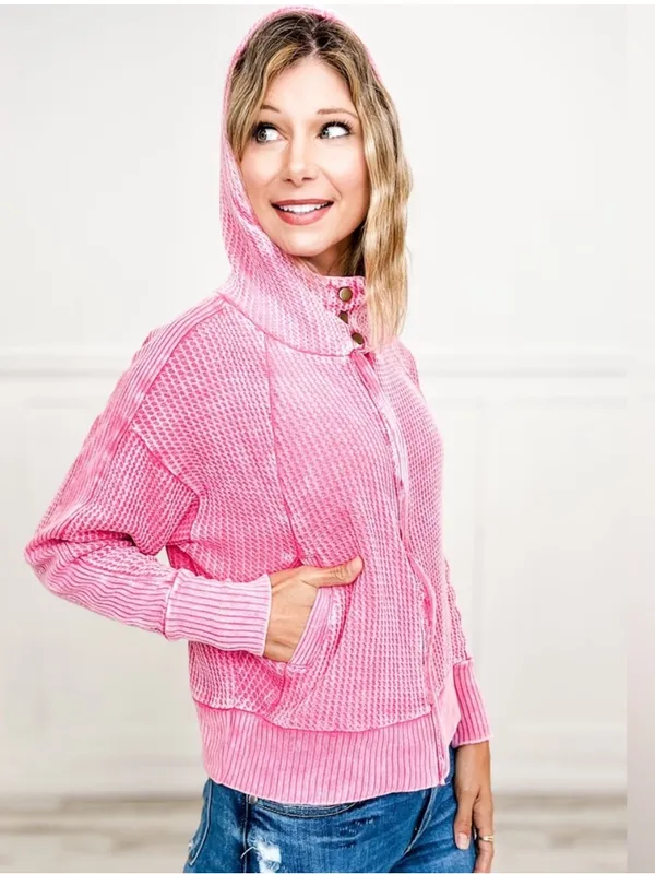 Zenana Acid Wash Cotton Waffle Hooded Zip-Up Jacket bright pink S - Image 3