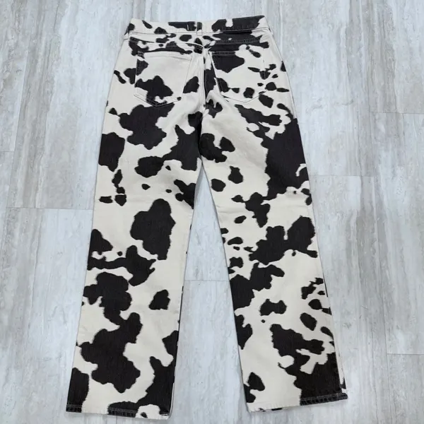 Abercrombie & Fitch The Baggy Low Rise Cow Print Jeans Black White 26 Short - Image 6