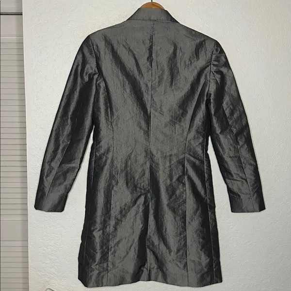 Vintage Express Silver Trench Coat Pockets Nylon Shimmer Y2K Glam Fall Small - Image 7