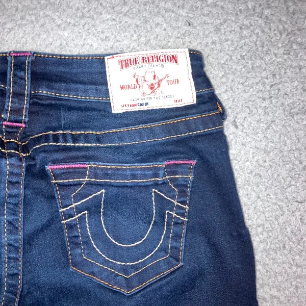 True Religion Low Rise Capri Jeans Womens 25x23.5 Blue Y2K Pink Stitch Logo Flaw - Image 13