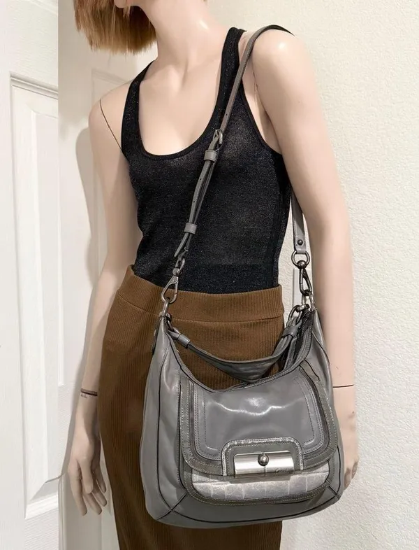 COACH 18287 Kristin Spectator Gray Leather w/ Croc Embossed Trims Handbag - Image 7