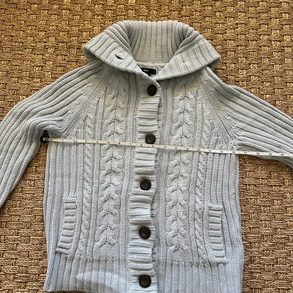 Women’s Gap Blue Gray Solid Cable-Knit Collared Button Front Cardigan Sweater M - Image 6