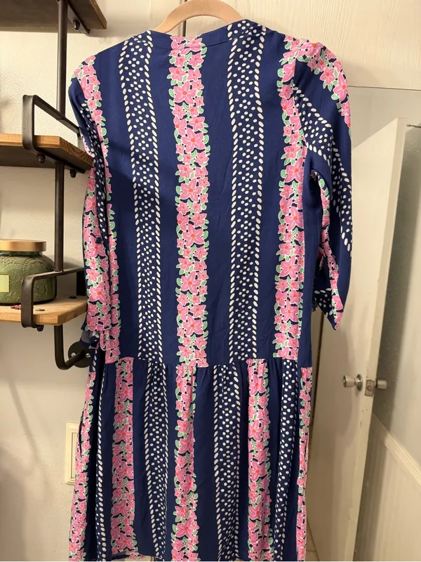 Southern Tide Navy Dress with Pink Floral & White Dot Accents - Image 4