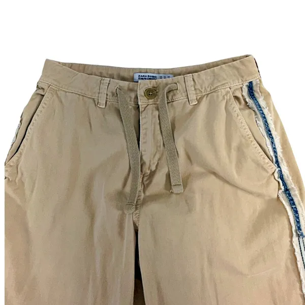Zara Basic Z1975 Denim Khaki Drawstring Jogger Pants Frayed Blue Side Hem Sz 2 - Image 4