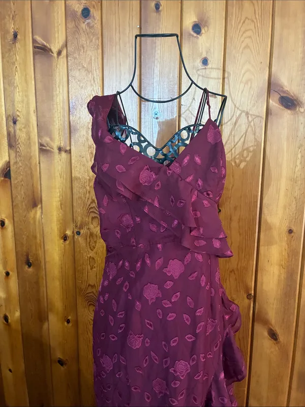 Lulus Forever Be Burgundy Floral Jacquard Ruffled Maxi Dress size large - Image 3