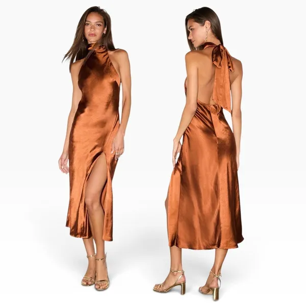 Lulus Exceptional Status Rust Halter Backless Slip Midi Dress size XS NWT - Image 2