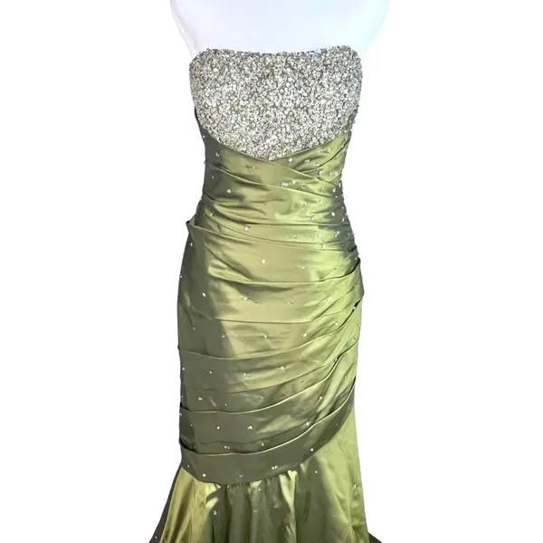 MoriLee Strapless Jewel Pleated Green Mermaid Gown 10 Formal Prom Pageant - Image 3
