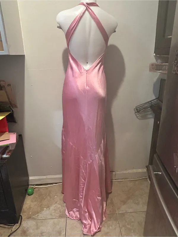 Elegant Backless Satin Halter Maxi Dress - Pink - Image 6