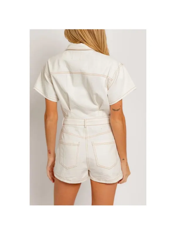 LELIS‎ Collection Off White Denim Romper Utility Belted Women’s Size S - Image 2