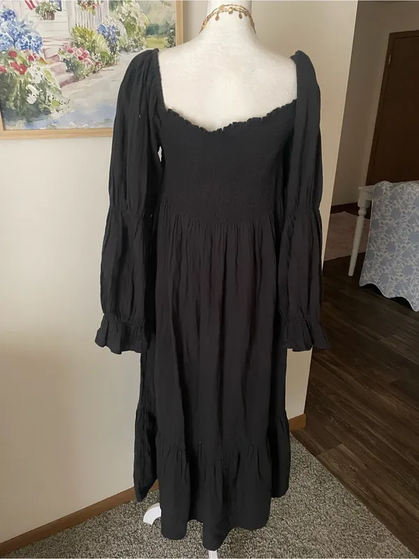 Quince 100% Organic Cotton Gauze Maternity Smocked Midi Dress Black Large - Image 9